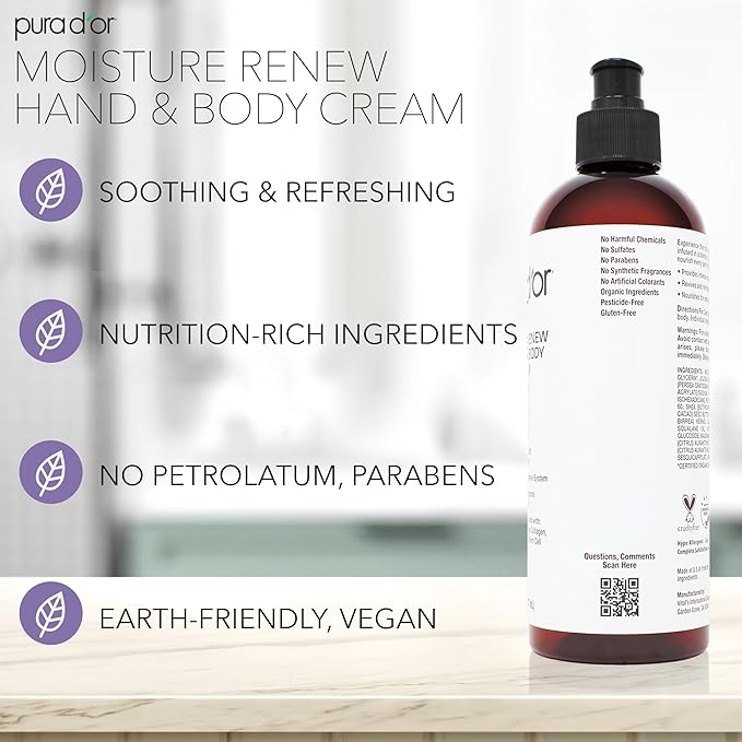 PURA D'OR 16 Oz Moisture Renew Hand & Body Cream – Ultra-Hydrating Daily Moisturizer with Organic Aloe Vera, Argan Oil & Shea Butter, Fast-Absorbing Formula for Dry, Sensitive Skin, Non-Greasy