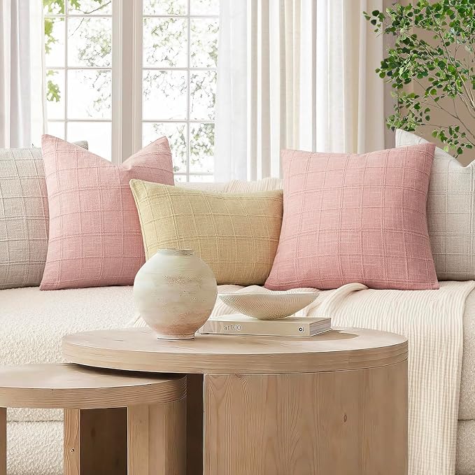 Foindtower Set of 2 Decorative Linen Check Throw Pillow Covers Neutral Farmhouse Lumbar Cushion Covers Modern Boho Accent Home Decor for Sofa Chair Couch Bedroom Living Room,12×24 Inch,Light Pink