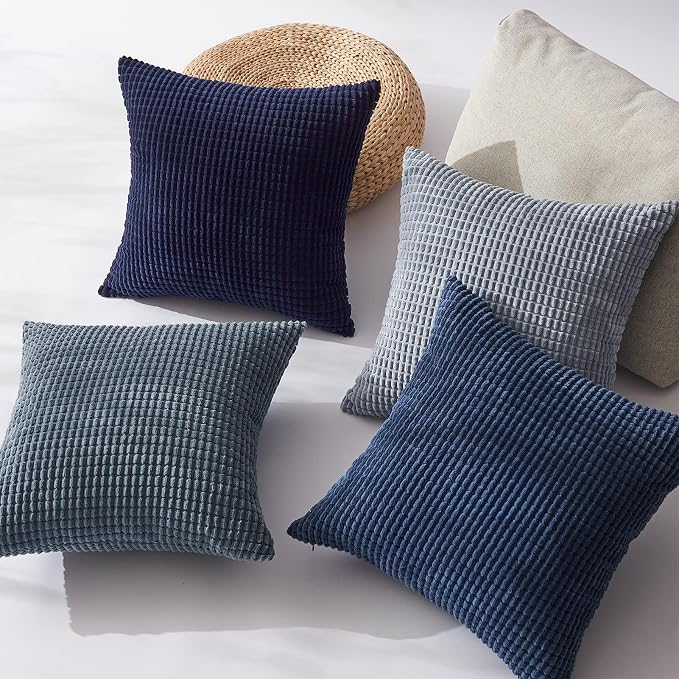 Topfinel 4 Packs Blue Decorative Throw Pillow Covers 22x22 Inch for Living Room Couch Bed Sofa, Boho Western Farmhouse Home Decor, Square Soft Moss Corduroy Fall Cushion Case 55x55 cm