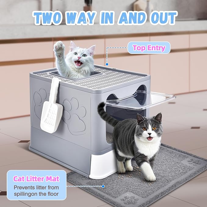 Covered Cat Litter Box, Extra Large Drawer Design with Dual Entry, Grey | 13L litter capacity, adjustable door, leakproof structure, cleaning accessories, complimentary cat litter mat