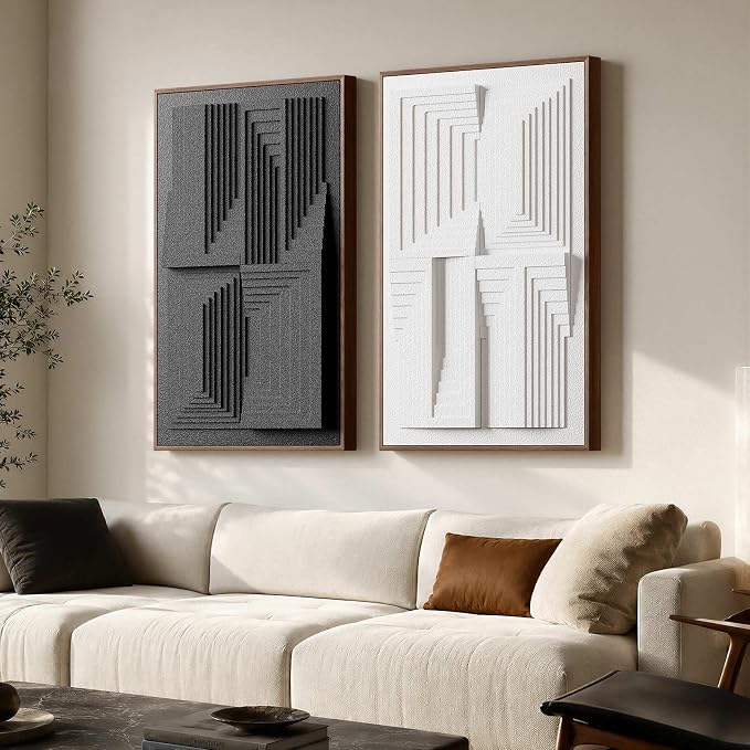 Thalasse Modern Abstract Wall Art Large Framed 3D Black White 24x36 In | Textured monochrome geometric relief, sandstone minimalist pictures, office hallway decor, 2 piece set