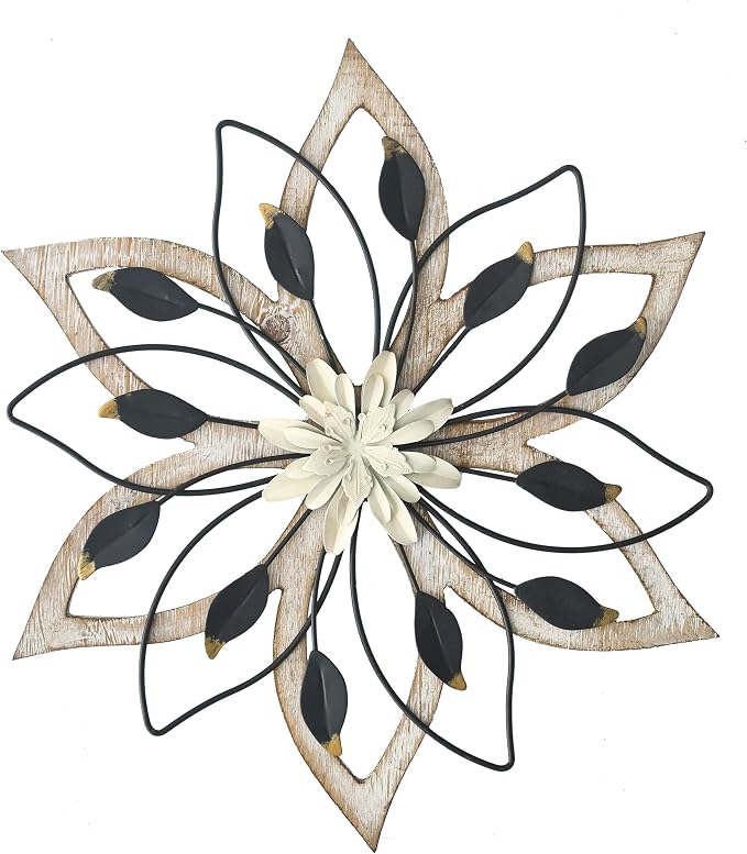Remenna Whitewash Flowers Wood Wall Decor, Metal Rustic Wall Art Farmhouse Wall Decorations Multiple Floral Hanging Decor for Bathroom Living Room Home Office Garden Kitchen
