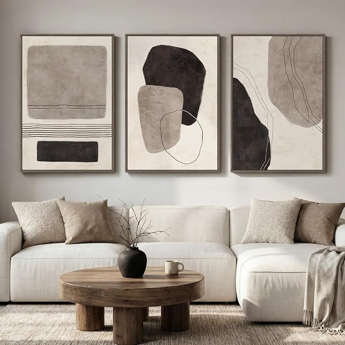 Large Framed Neutral Abstract Wall Art for Living Room, 3 Piece Black and White Canvas Prints Paintings Artwork for Walls, Modern Minimalist Pictures Wall Decor for Bedroom Dining Room Office 24x36 In