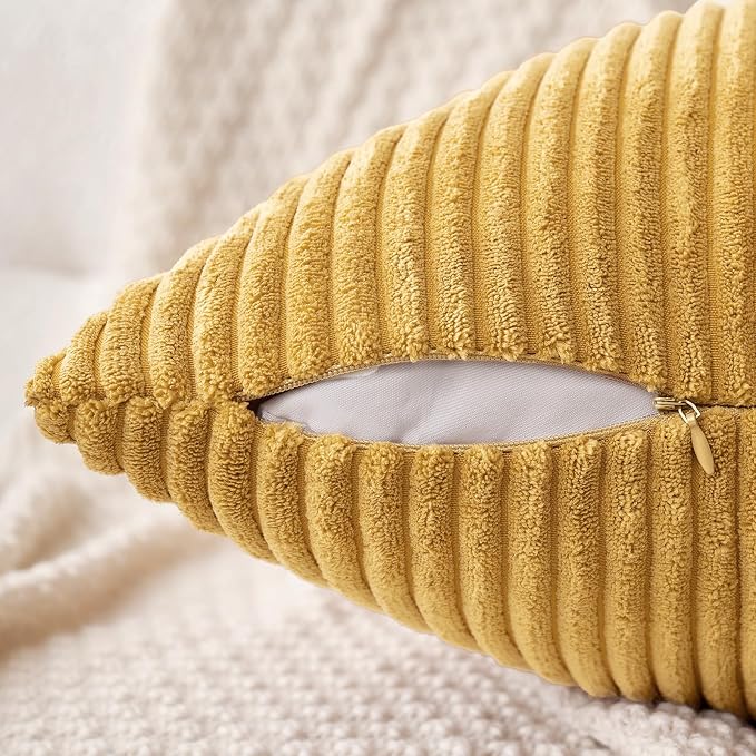 MIULEE Fall Decorative Corduroy Throw Pillow Covers Set of 2 20x20 Gold | Soft Striped Textured Cushion Cases, Boho Rustic Square Pillowcases Neutral Home Decor, for Couch Chair Sofa Bed Living Room