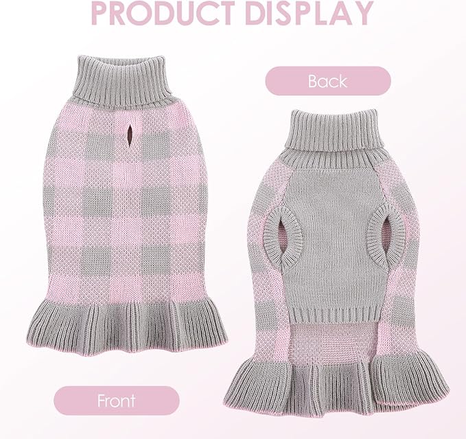 Dog Sweater Dress Plaid Knitwear for Small Medium Dogs Warm Puppy Pet Turtleneck Stretch Pullover Cute Fall Winter Vest Clothes with Leash Hole for Christmas (Grey, XS)