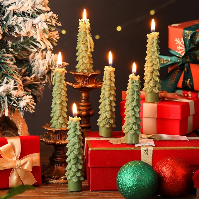 Conelist 6 Pcs Christmas Tree Candles Christmas Tree Shaped Taper Candles Decorative Xmas Wax Scented Candlesticks for Xmas Eve Winter Holiday Home Table Decoration Gift(Light Green,5 Inch Style)