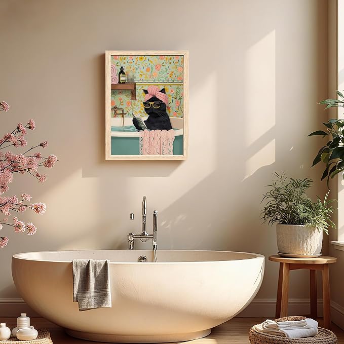 ICHZUMW Framed Funny Black Cat in Bathtub Canvas Bathroom Wall Art 16x24 In | Humorous Cat Wearing Sunglasses Reading Book, Girly Pink Dopamine Bathroom Wall Decor, Restroom Powder Room, Ready to Hang