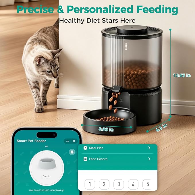 WiFi Automatic Cat Feeder, Smart App Control, 3L | WiFi scheduling, dual power(no battery), detachable & easy clean. Locks dry food flavor, ideal for cats & small dogs.