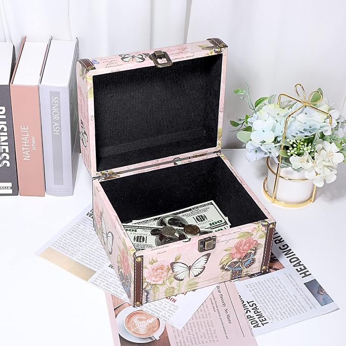ELLDOO Decorative Treasure Chest Box, Wooden + PU Leather Storage Box for Jewelry Trinkets, Keepsakes box for Girls Women Gifts (Butterfly Pattern, Large)