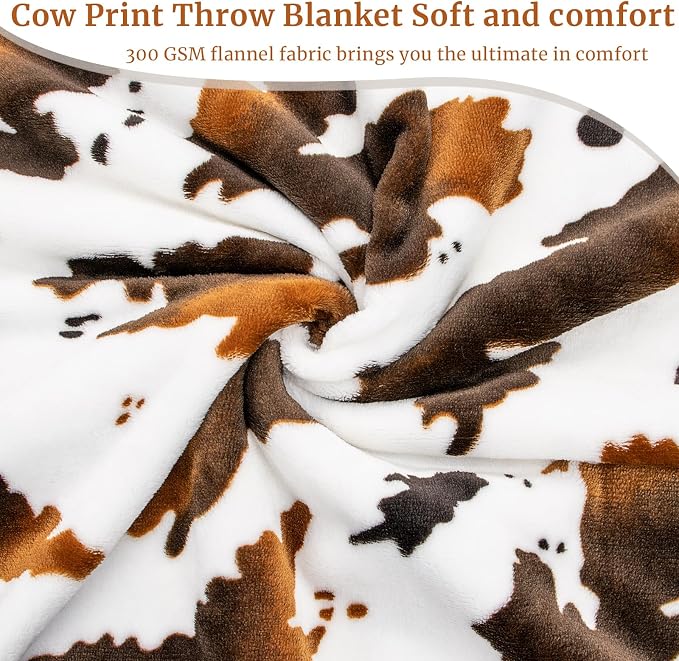 HSEEC Cow Print Blanket Brown Couch Throws for Sofa, Lightweight Cute Cozy Western Bedding Decorative Throw for Bed All Seasons, Brown Cow Gifts for Adults Kids Boys Teens 50"x60"