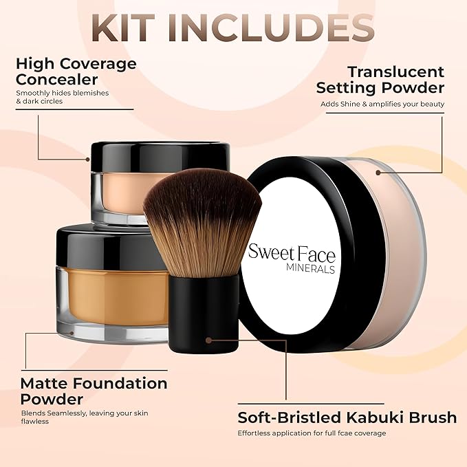 4pc Full Size Kit (Deep Tan) Mineral Makeup Matte Translucent Loose Foundation + Kabuki Brush + Concealer + Finishing Setting Powder + Bare Face Full Coverage SPF 30 All Skin Types Waterproof