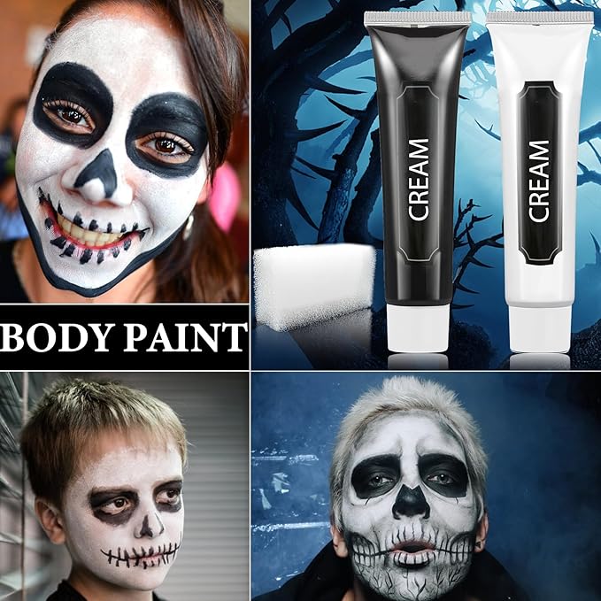 2 PCS Black White Cream Face & Body Paint Set, Halloween SFX Makeup Kit, Professional Face Painting Kit for Zombie Skeleton Cosplay Clown Makeup