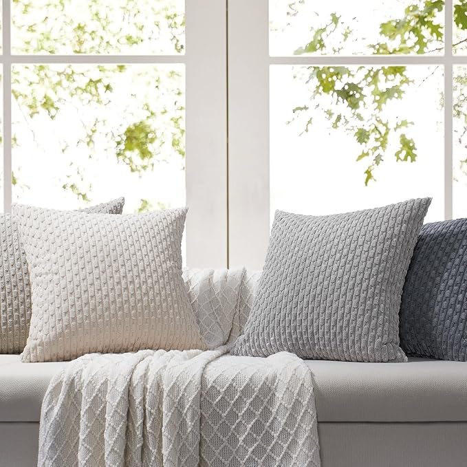 Softalker Corduroy Decorative Throw Pillow Covers 18x18, 4 Pack, Grey/Beige | Soft Boho Striped Pillow Cases, Couch Fluffy Cushion Covers for Farmhouse Home Decor Bed Living Room