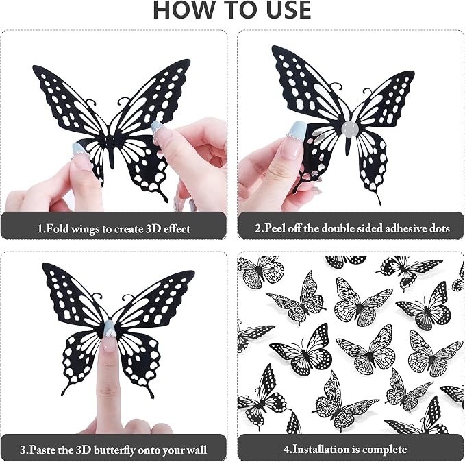 SAOROPEB 3D Butterfly Wall Decor 48 Pcs Black Butterfly Decoration Sticker | 4 Styles 3 Sizes Butterfly Birthday Decorations Butterfly Party Decorations Cake Decorations, Removable Stickers