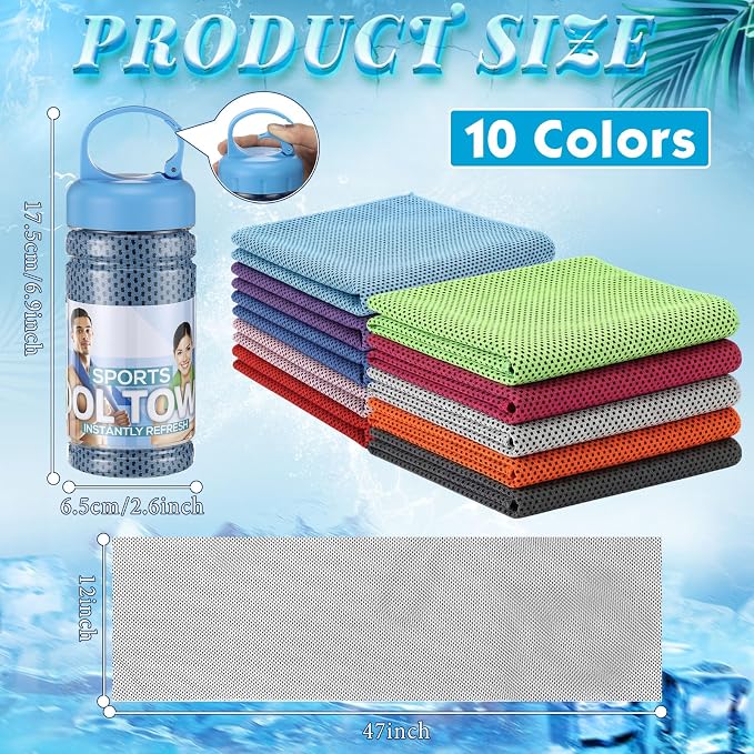 Honoson 10 Pcs Cooling Towels for Neck and Face, 47"x12" Sports Breathable Ice Towels Microfiber Chilly Sweat Rags with Portable Bottle for Gym Golf Athletes Yoga Workout Hot Weather (Mixed Colors)