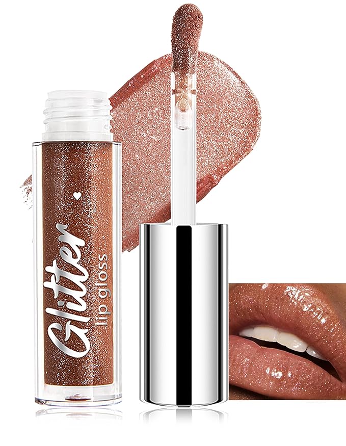 Erinde Glitter Shimmer Lip Gloss, Hydrating High-Shine Glimmer Finish & Sheer Wash Of Color Lip Oil, Non-Sticky, Moisturizing Lip Makeup, Bling Sparkle Lip Gloss Lipstick, Vegan & Cruelty-Free, 06