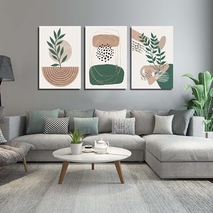 DNIEOTU Bohemian Wall Art for Living Room, Boho Botanical Wall-Decor for Bedroom, Minimalist Geometric Shapes Picture Prints, Size 24 x 36 Inches 3-Pieces