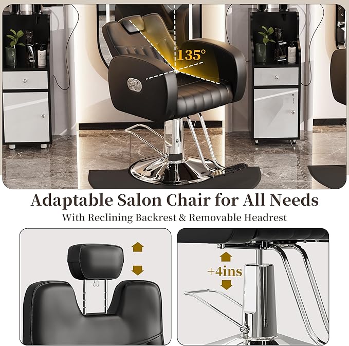 Baasha Ergonomic Black and Silver Salon Chair with Comfortable Thickened Cushions, Heavy Duty Reclining Stylist Chair for Hair braiding, Extensions, Tattooing, Weight Capacity 440 lbs