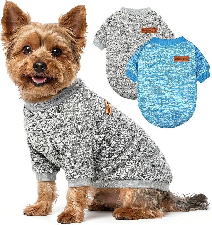 2 Pack Dog Sweaters for Small Dogs Girl Boy Winter Fleece Clothes Warm Soft Dog Sweatshirt Outfit for Dogs Cats Pet Apparel (Grey+Light Blue, M (Back: 13.7",Chest: 17.7", 10-14Ibs))