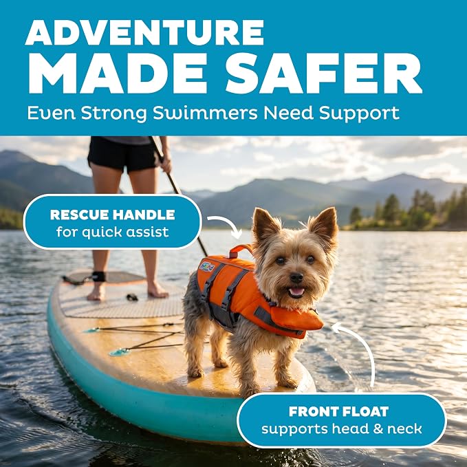 Outward Hound Granby Splash Dog Life Jacket, Life Vest, Orange, X-Small | Max Buoyancy, Adjustable Fit, Head/Neck Support, Rescue Handle, Reflective, Swimming & Boating, X-Small Dogs (11–15" Girth)