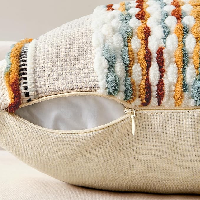 ANRODUO Boho Decorative Throw Pillow Covers Brown Stripe 18x18 Pack of 2 | Throw Pillow Covers, Farmhouse Cushion Case, Chenille Pillow Cases, Pillow Covers, Accent Neutral Pillowcase for Couch Bed