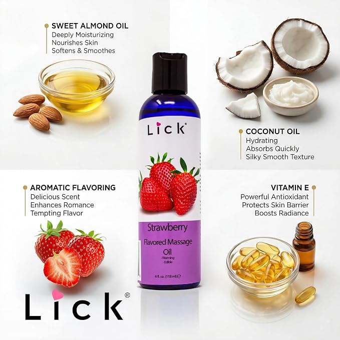 Lick Strawberry Flavored Massage Oil with Natural Vitamin E - Warming Edible Body Oil for Couples Massage, Smooth Long-Lasting, Sweet Almond & Coconut Oil, Moisturizing Skin for Men & Women, 4 oz