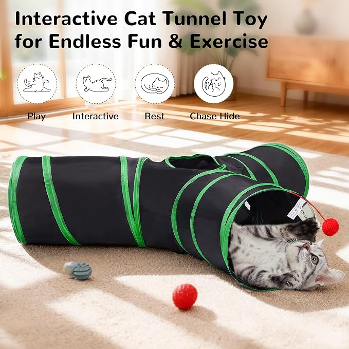 Tempcore Cat Tunnel, 3-Way Collapsible Toy, Large Size Black & Green