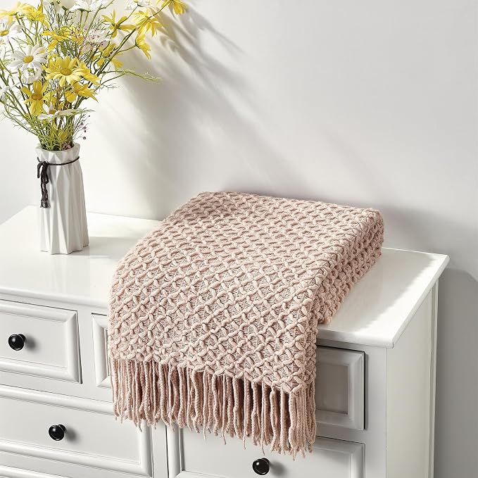 CREVENT Farmhouse Boho Knitted Throw Blanket for Couch Sofa Chair Bed Home Decoration, Soft Warm Cozy Light Weight for Spring Summer Fall (50''X60'' Blush Pink)
