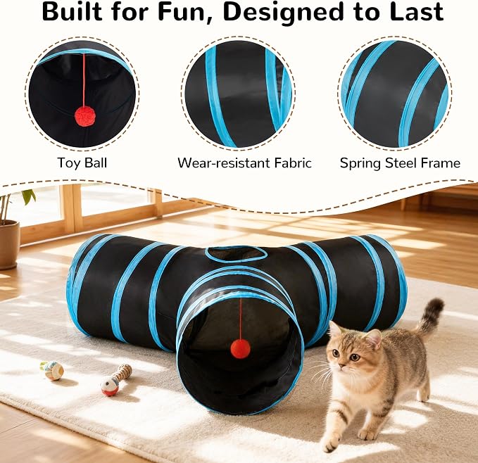 Tempcore Cat Tunnel, 3-Way Collapsible Toy for Indoor Cats, Black & Blue