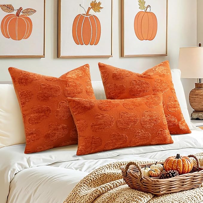 decorUhome Chenille Rust Two Pumpkins Throw Pillow Covers 18x18 Set of 2 | Fall Decorative Jacquard Farmhouse Soft Modern Farmhouse Neutral Pillowcases for Bed Sofa Autumn Harvest Halloween Holiday