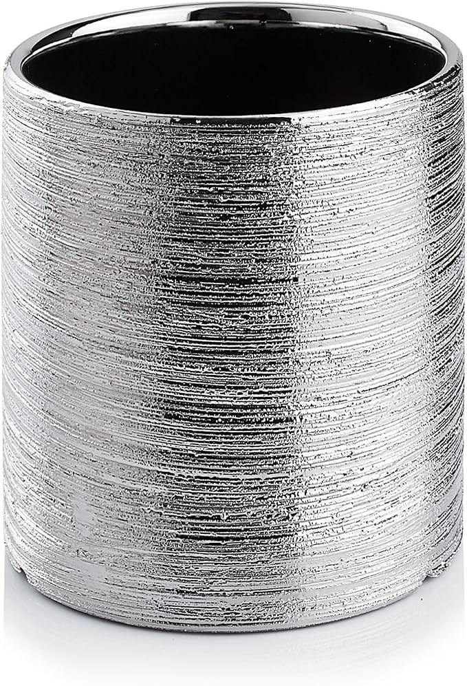 WGVI Silver Etched Ceramic Cylinder Vase Width 3.75" Height 4", Flower Arrangements, Candle Holder, Terrarium Planter Pot, Storage Container Organizer, Pen Brush Holder, Scratched Texture, 1 Piece