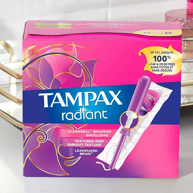 Tampax Radiant Tampons, Super Absorbency, with Leakguard Braid, Unscented, 28 Count (Pack of 2)
