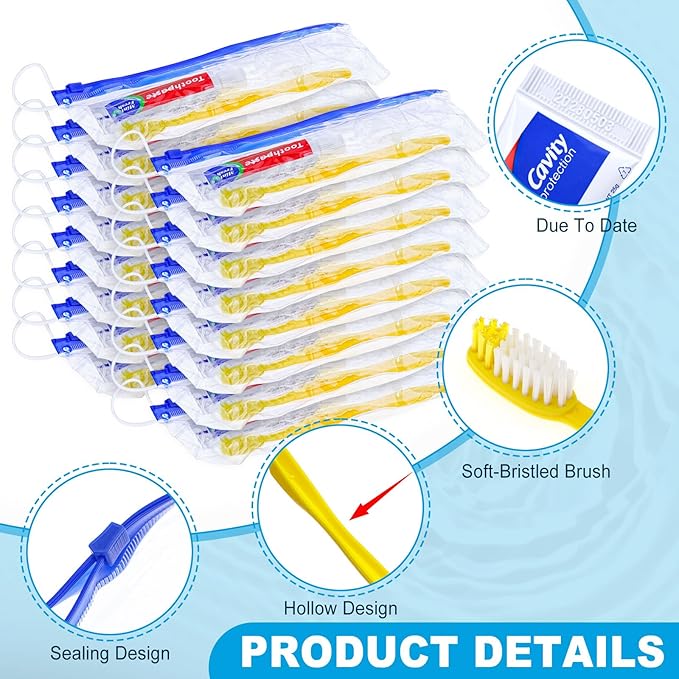 Xuezoioy 30 pcs Disposable Toothbrushes with Toothpaste and Floss Set,Yellow Individually Wrapped Bulk Single Use Toothbrush Floss Cover Travel Toothbrushes Kit with Zip Bag for Homeless,Hotel,Guest