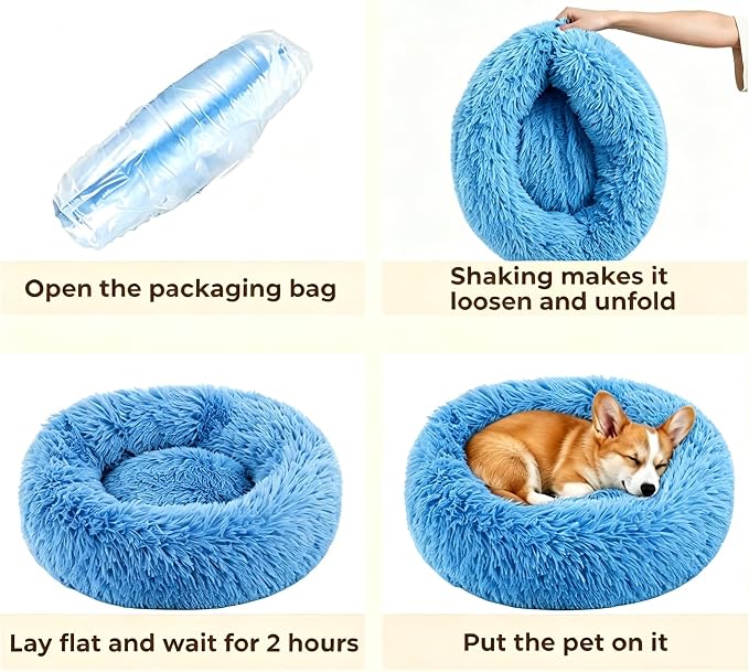 Calming Donut Dog and Cat Bed for Indoor Cats, Anti-Anxiety Round Fluffy Soft Washable Small Pet Bed for Puppy and Kitten, Warming Comfortable Luxury Anti-Slip Waterproof Mute Base 20in Light Blue