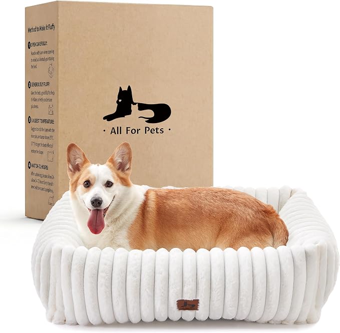 Dog Bed Medium Size Dog, Rectangle Orthopedic Pet Bed for Car and Indoor, Comfort Fluffy Memory Foam Dog Beds with Anti-Slip Bottom, Cream (30x24x8 inches)