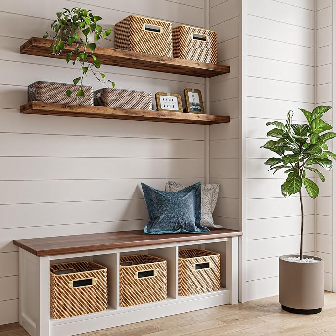 Fixwal Floating Wall Shelves for Decor (Rustic Brown, Set of 2, 47.2Inch) | MDF Shelf with Metal Brackets, Space Saving for Books , Decor, Fits Bathroom, Kitchen, Bedroom, or Office