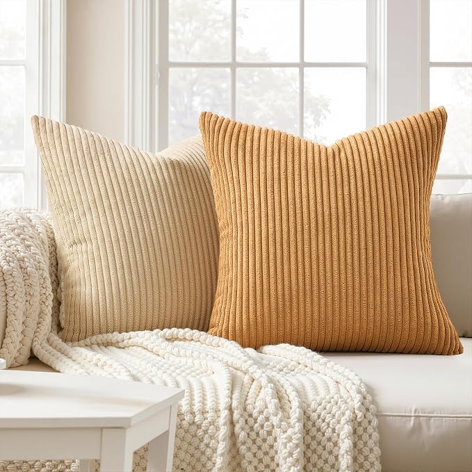 Topfinel Yellow Brown Throw Pillow Covers Rustic Modern Soft Corduroy Striped Decorative Cushion Cover 16x16 Inch Gradient Farmhouse Pillow Case Set of 4 for Sofa Couch Living Room Bedroom