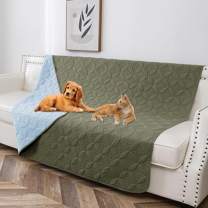 Waterproof Couch Cover for Dogs - Washable Pets Furniture Protector | TPU Leak-Proof Liner, Lightweight & Reversible, Fits Chair, Sofa, Bed, 52" x 82" , Lightblue/Green