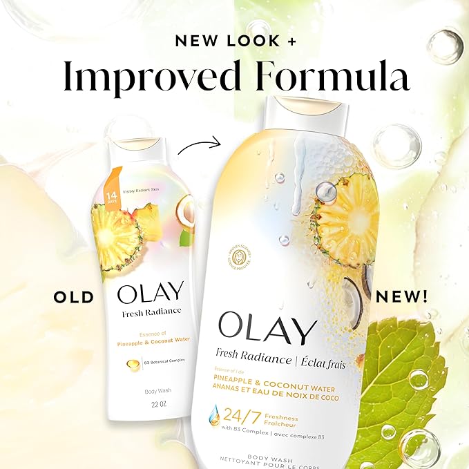 Olay Body Wash for Women, Fresh Radiance, 24/7 Skin-Loving Freshness, Visibly Radiant, Plant Based Cleansers, Vitamin B3 & Antioxidant Blend, All Skin Types, Pineapple & Coconut Water Scent, 22 fl oz