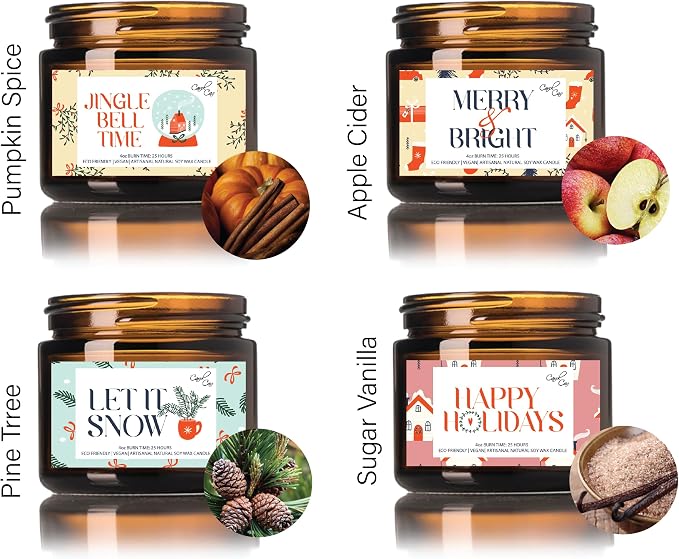 4 Pack Christmas Candle Jars, Christmas Candle Pack, Christmas Candles, Christmas Gifts, Home Decor Candle, Winter Candle