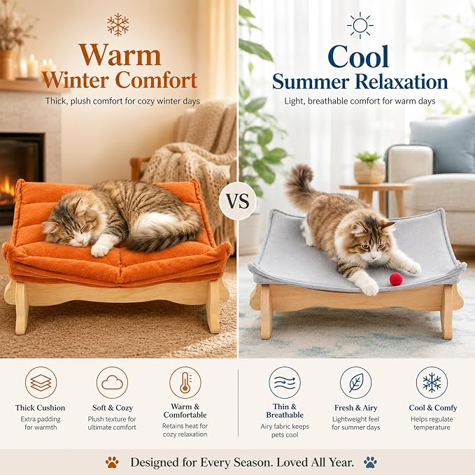 Elevated Cat Bed Wooden with Removable Washable Cushion | Solid Wood Raised Pet Lounge for Indoor Cats and Small Dogs, Cat Furniture for Living Room, Multi Pet Homes