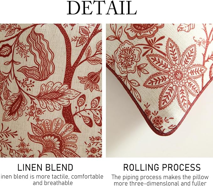 Designer Linen Square Throw Pillow Cover,Set of 2,18"x18"-Ruyi A | Vintage French Elegant Pillow Cover,Concealed Zipper Design,Red Floral Pattern,Sofa,Bedroom,Living Room,Lounge Chairs