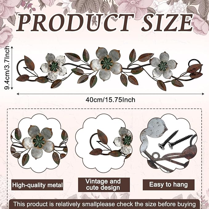 Wesiti Metal Flower Wall Decor Vintage Metal Flower Wrought Iron Scroll Sculpture 15.7''x3.7'' Not 3D, Flat Farmhouse Leaf Wall Decor with Nails for Summer Bedroom Kitchen Indoor Outdoor(Silver Gray)