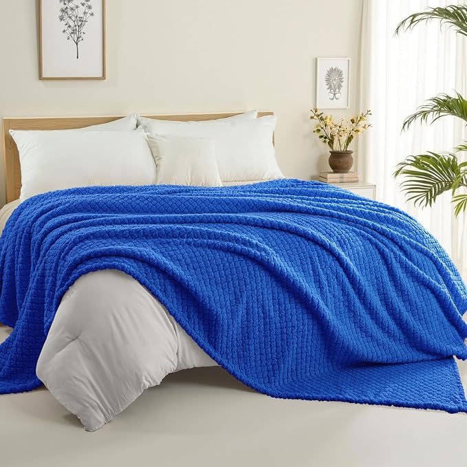 Exclusivo Mezcla Soft Fleece Twin Size Blanket for Bed, Cobalt Blue | Jacquard Lightweight Cozy Bed Blanket, Breathable Decorative Fuzzy Textured All Season Use, 60x80 Inches