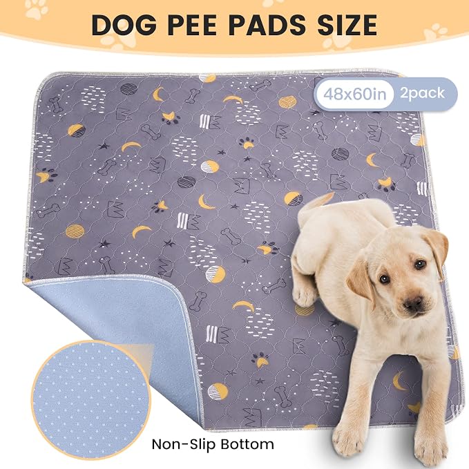 UPSKY Washable Pee Pads for Dogs 2 Pack 48” x 60” Reusable Puppy Pads Waterproof Pet Training Pads, Non-Slip Dog Mats Fast Absorbent Whelping Pads for Playpen, Potty, Crate, Bed