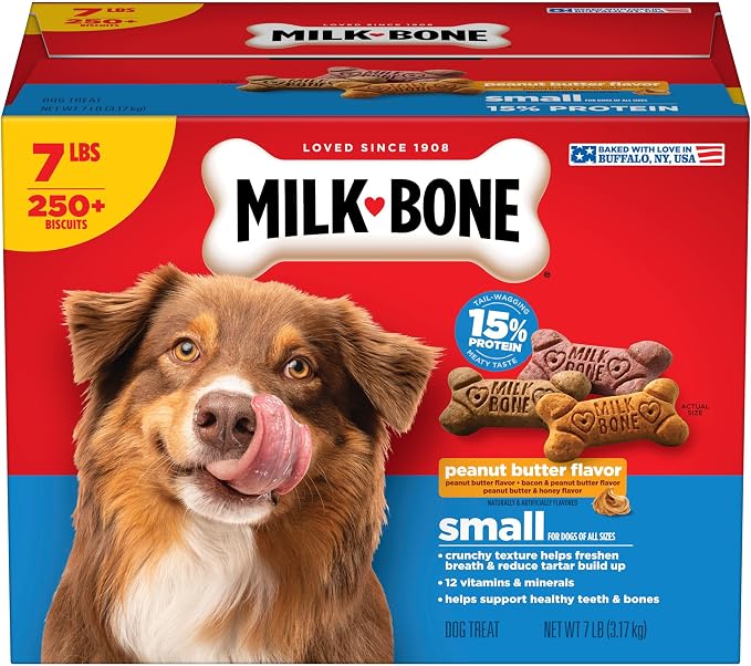 Milk-Bone Peanut Butter Flavor Biscuits, Small Dog Treats, 7 Lb. | Naturally and artificially flavored, 3 tail-wagging flavors, 250+ biscuits, 15% protein
