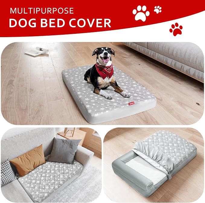 Waterproof Dog Bed Covers Replacement Lovely Grey Star Print, 30x20 Inches | Washable Pet Hair Easy to Remove, Noiseless Quilted Puppy Pet Bed Cover, for Dog/Cat, Cover Only