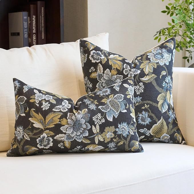 Neutral Floral Pillow Cover 12x20, Vintage Linen Lumbar Pillow Cover Soft Decorative Farmhouse Accent Pillow Case for Couch Bedroom Living Room Home Decor, Black