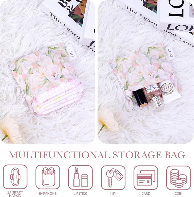 DGAZ Sanitary Napkin Storage Bag for Teen Girls, Portable Period Organizer for Panty Liners/Menstrual Cup/Small Tampons, Mini Makeup Pouch for Purse (French Tulips)
