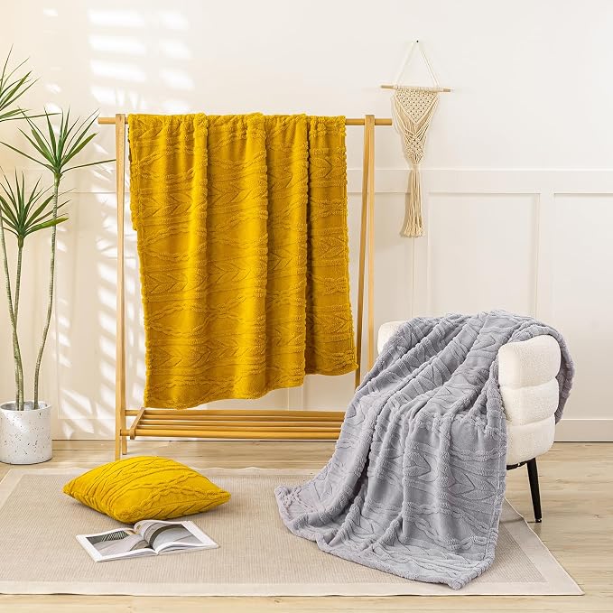 YUSOKI Sherpa Fleece Large Throw Blanket, Mustard Yellow, 50"x65" | 3D Stylish Design,320GSM, Non-Shedding, Lightweight for All Season Use, stays fluffy after repeated washes, Perfect Gifts
